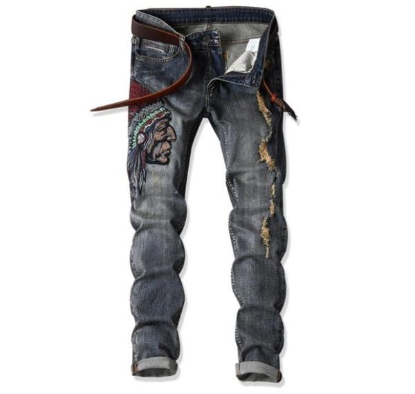 

new men039s jeans fashion indians embroider retro ripped slim street straight jeans plus size af17012166429, Blue
