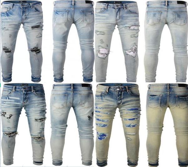 

mens jeans skinny distress ripped destroyed stretch biker denim slim fit hip hop pants for men8038437, Blue