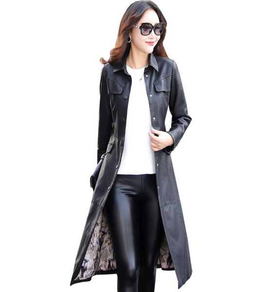 

women long leather jacket 2017 new fashion ladies elewashed pu leather coats trench female outerwear with belted plus size1065703, Black