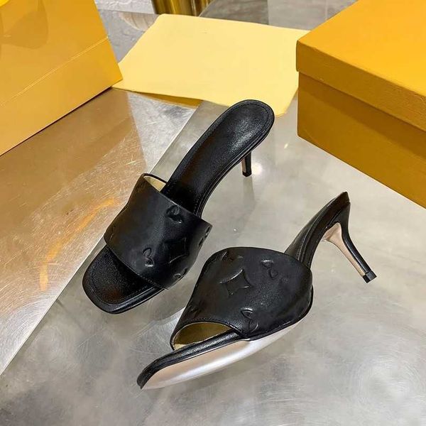 

21ss paris monograms embossed slippers .5cm revival sandal mule excellent quality women pumps high heels slides designer shoes waterfront f, Black
