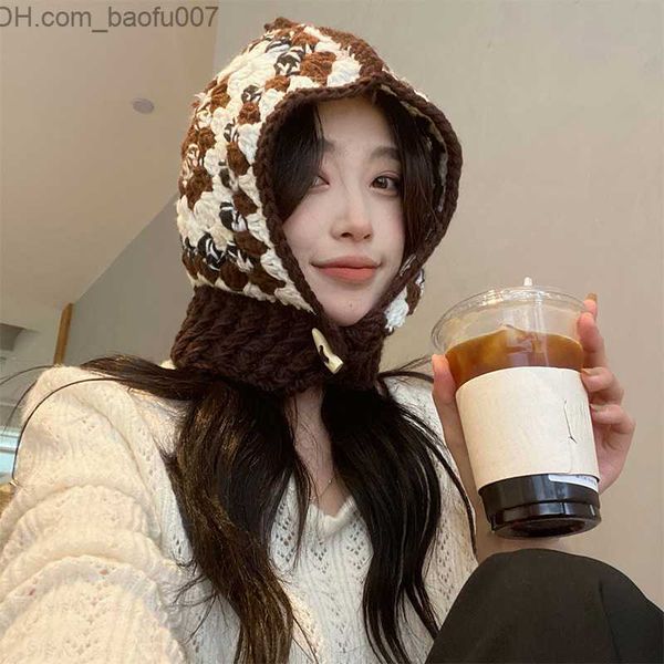 

beanie/skull caps ethnic handmade crocheted bomber hats for women's winter warmth earmuffs thick needle knitted witch hats z230809, Blue;gray