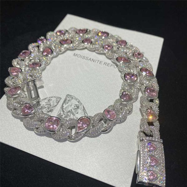 

custom 13mm wide hip hop accessories wholesale price profiled pink zircon 925 silver figure 8 cuban chain necklace