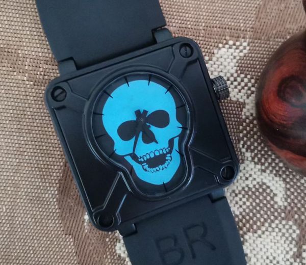 

br automatic mens watch 46mm real broze luminous skull dial titanium vintage leather strap super edition eternity watches, Slivery;brown