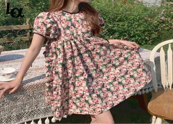 

vintage floral dress women elegant kawaii chiffon korean sweet chic casual puff sleeve beach summer 2105198240659, Black;gray