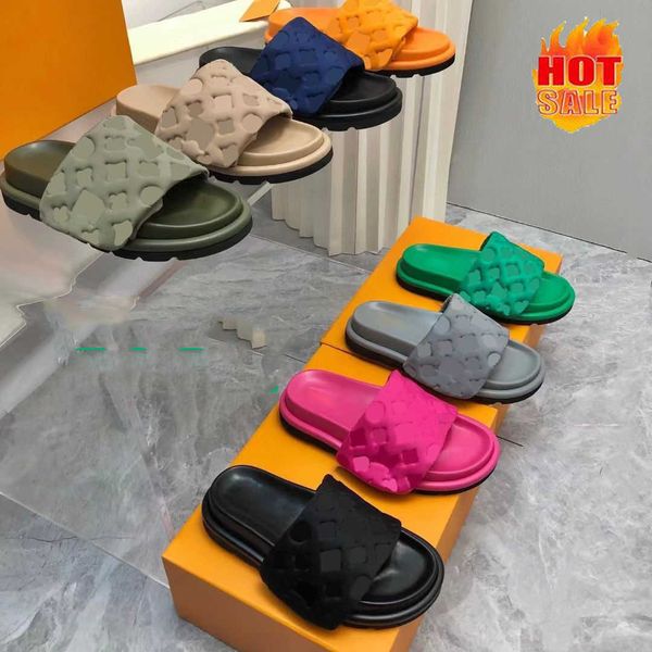 

designer slippers womenbrand luxury pool pillow comfort flat mules embossed slippers men women sandals pumpkin print slip-on beach fashion s, Black