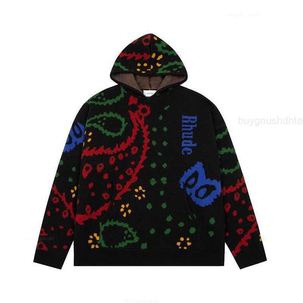 

harajuku rhude high street couple retro jacquard all over printing cashew flower hooded sweater knitwear men pullover, White;black