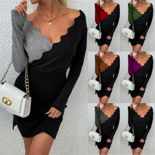

women's sweaters 2023 winter woman's v-neck wavy bat sleeve knitted dress, White;black