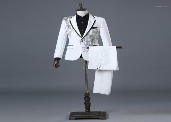 

men039s suits blazers mens white floral sequin 2 pieces jacketspants slim fit one button wedding groom tuxedo suit male co4285607, White;black