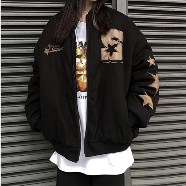 

womens jackets deeptown vintage bomber winter jacket star girl y2k oversized harajuku baseball korean fashion streetwear coat 230808, Black;brown