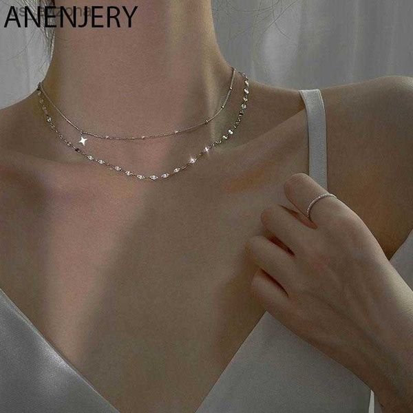 

anenjery silver color double layer cross star necklace female shiny clavicle chain wholesale l230620