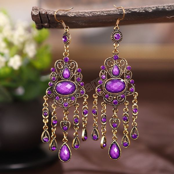 

creative ethnic long antique gold color earrings vintage boho acrylic rhinestone geometric hollow drop earrings women jewelry, Silver