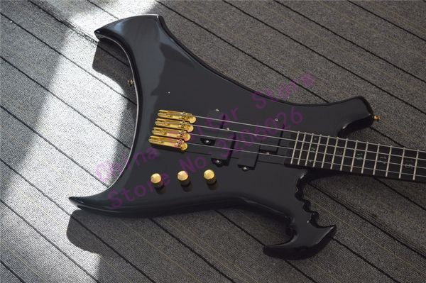 

custom rare shaped wick 4 strings buzzard black electric bass guitar rosewood fingerboard, abalone arabic numerals inlay, gold hardware