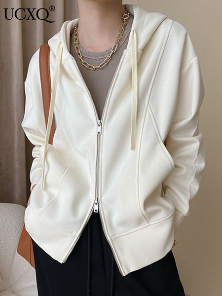 

womens jackets ucxq temperament long sleeve hooded jacket for women autumn fashion zipper pockets patchwork female coats 23a2829 230808, Black;brown