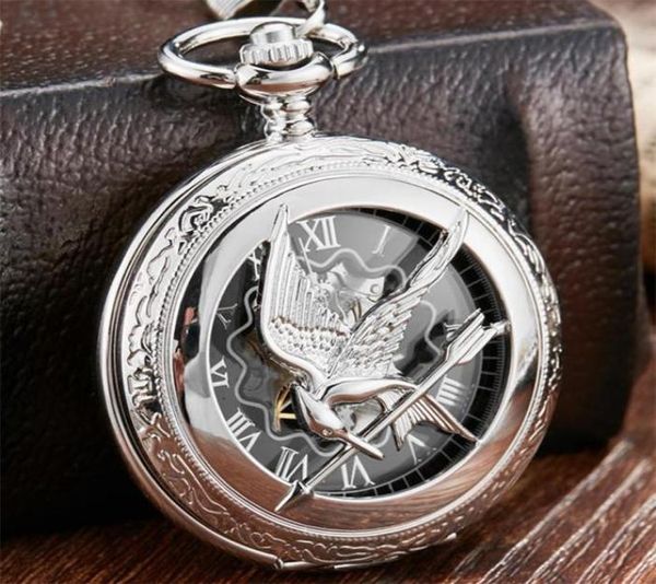 

retro vintage hollow the hunger games mockingjay mockingbird quartz pocket watch necklace chain fashion silver relogio de bolso t23482081, Slivery;golden