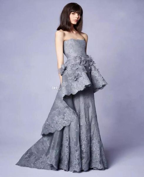 

long grey lace evening dresses gown with 3d floral embellishments strapless neckline party dresses marchesa resort collection4524349, Black;red