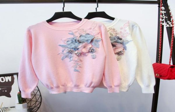 

women handmade 3d flower sequined knitted pullovers long sleeve emboriedery sweatersc women039s sweaters1003140, White;black