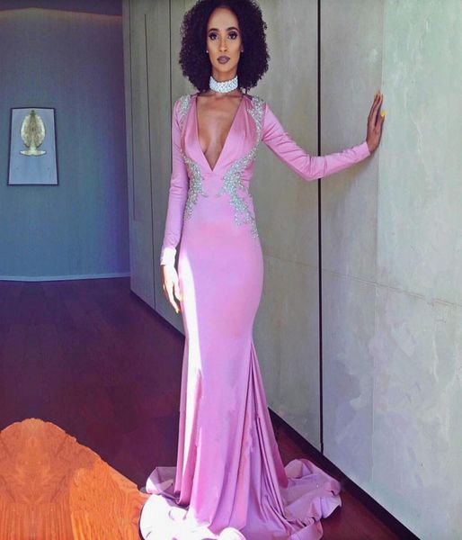 

2018 pink evening dresses deep vneck long sleeves prom gowns back zipper sheath sweep train custom made formal party gowns with a9500208, Black;red