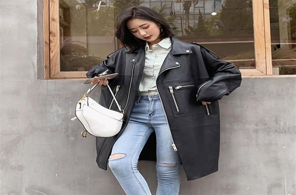 

nerazzurri oversized black long spring womens leather jacket long sleeve drop shoulder zipper plus size loose faux leather coat 203121402, Black;brown