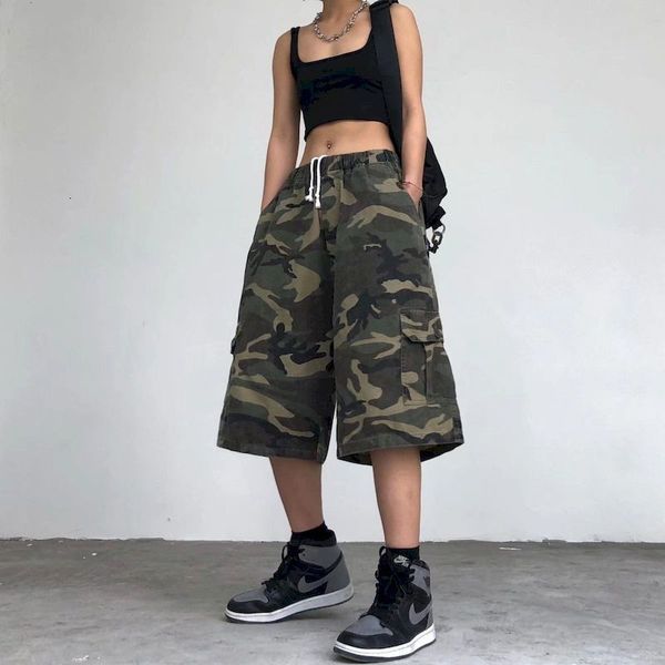 

men's pants foufurieux loose neutral wide leg half camouflage pants men summer american street casual a-line elastic waistband shorts f, Black