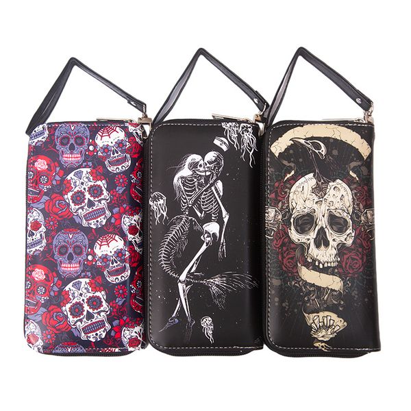 

belidome skeleton skull black wallet for women blocking pu leather zipper around wallets clutch wristlet travel long purse, Red;black