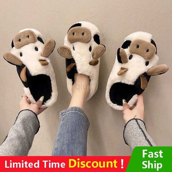 

slippers winter cartoon couple slippers women cute animal slipper kawaii fluffy warm slippers indoor milk cow house slippers funny shoes, Black