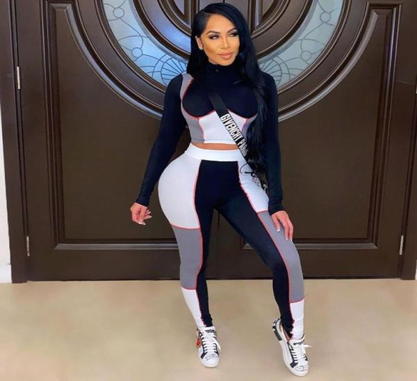 

women patchwork skinny tracksuits two piece active wear set crop yoga legging sportswear sports suit mujer jogging fitness mat1008023, Gray