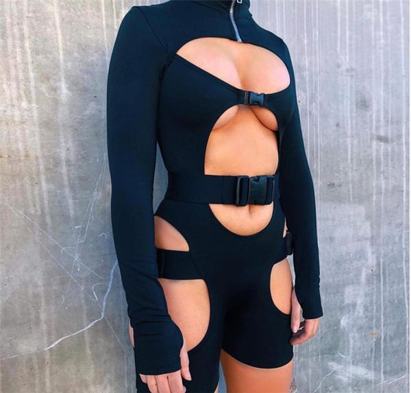

women bodycon buckle cut out biker rompers long sleeves hollow out clubwear bodysuit one piece short jumpsuit pants4213917, Black;white