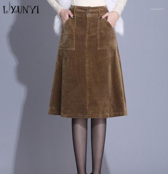 

lxunyi corduroy skirt women autumn winte high waist vintage loose big size knee length a line skirts female black khaki18822390