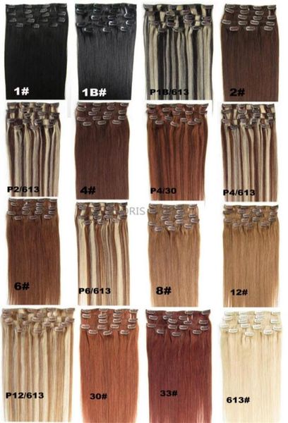 

9a clip in human hair extension straight mix color brown blonde 16quot24quot indian remy clip on hair full head77856404493523, Black;brown