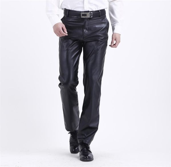 

summer mens business slim fit stretchy black faux leather pants male elastic tight trousers pu leather shinny pencil pants 2102011319358