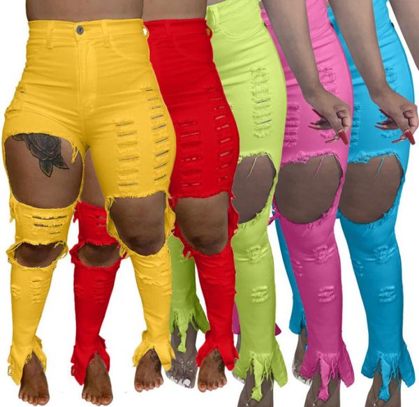 

2020 new women jeans red and yellow long ripped pants slim skinny fit plus size hole jeans personalized fashion female jeans plus 7857237, Blue