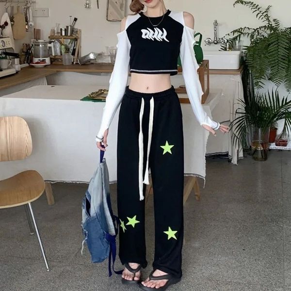 

women's pants s deeptown star girl y2k grey sweatpants jogging women korean style baggy vintage harajuku wide leg trousers female 23080, Black;white