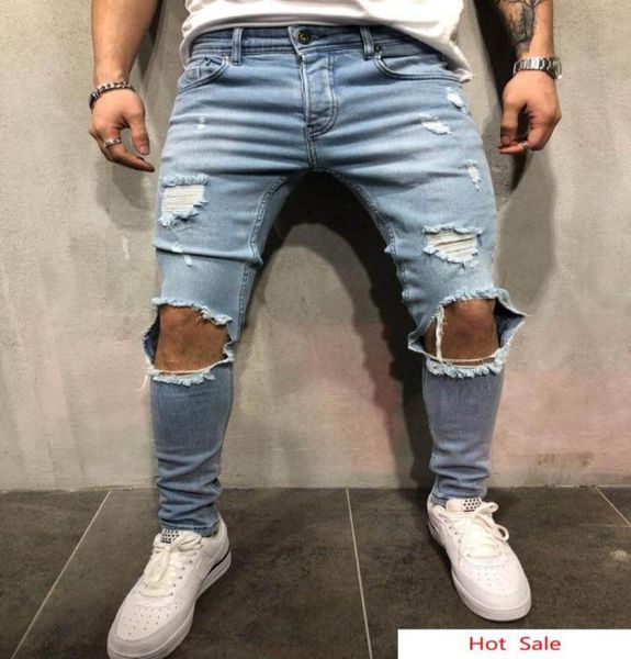 

urban style men pencil pants mid waist jeans fashion slim fit ripped jeans denim clothing trousers long frayed pants4315476, Blue