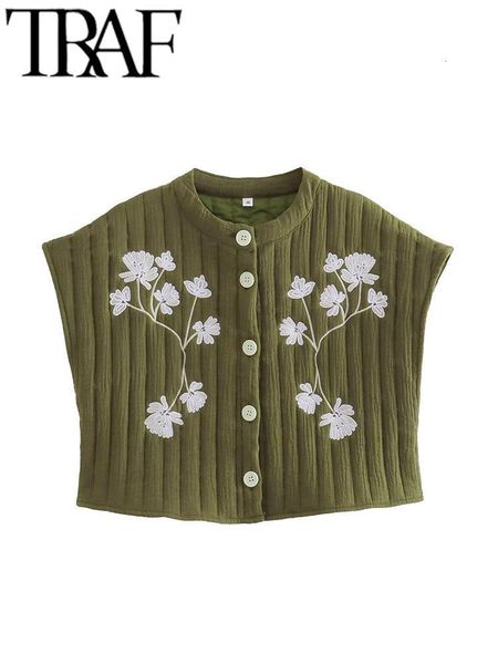 

women's vests traf y2k embroidery women fashion quilted padded jacket vest spring buttons sleeveless loose waistcoats female crop 23080, Black;white