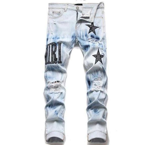 

men039s jeans european jean hombre letter star men embroidery patchwork ripped motorcycle pant mens skinny5626753, Blue