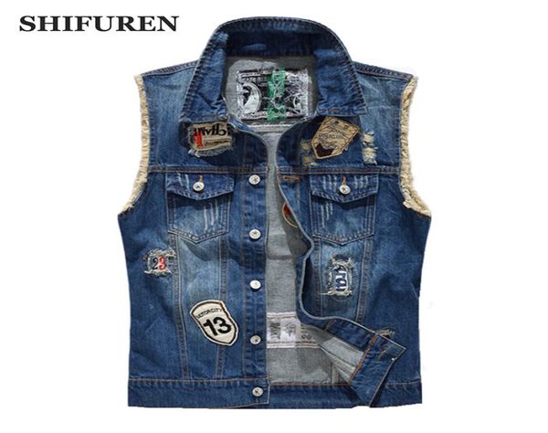 

shifuren ripped denim vest men fashion patch designs cowboy frayed jeans sleeveless jackets punk rock motorcycle waistcoat4768519, Black;white