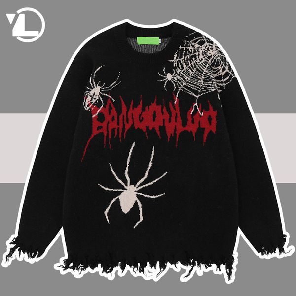 

men's sweaters spider web knitted sweater men women hip hop streetwear pattern loose pullover autumn winter gothic y2k harajuku jumper, White;black