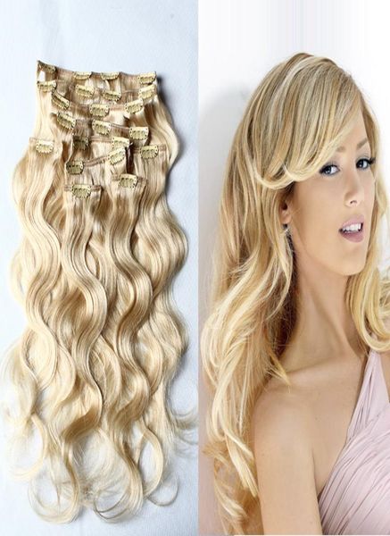 

20inch 24inch remy clip human hair extension 613 body wave hair 120gset clip on human extension 23set full head clip extensions2893279, Black