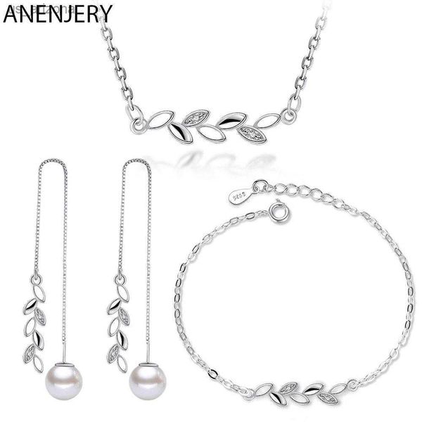 

anenjery silver color simple leaves jewelry sets zircon necklace earrings bracelet for women girl gift l230620