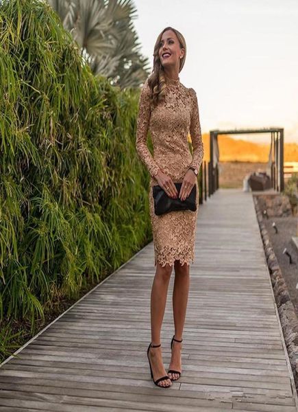 

high collar lace prom dresses long sleeves zipper back vestidos de festa knee length short cocktail party gowns9429552, Black