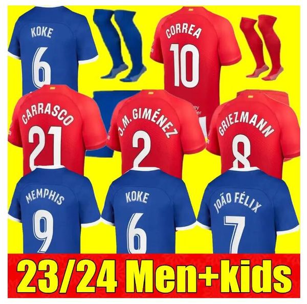 

23 24 men kids kit atletico madrids soccer jerseys home away 3rd griezmann joao felix 2023 2024 m. llorente correa koke lemar carrasco footb, Black;yellow