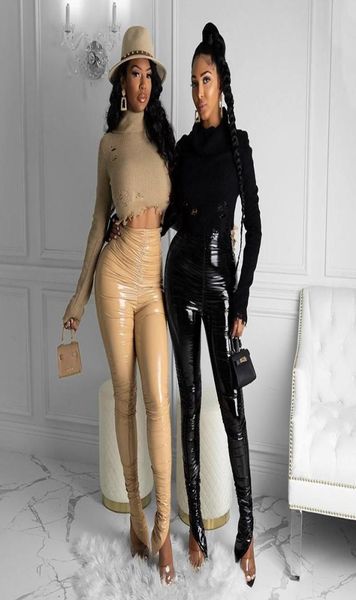 

wet look faux leather stacked trousers women slim fit pencil pants solid color high waist pleated slit ruched pants for lady7032852, Black;white