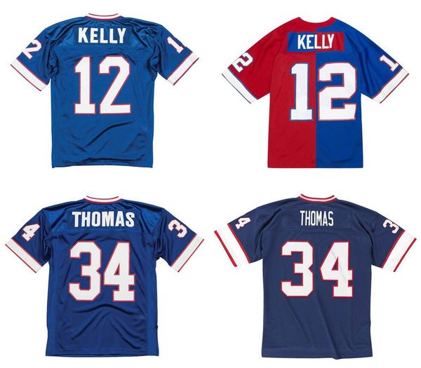 

stitched football jersey 34 thurman thomas 12 jim kelly 1990 1994 mitchell & ness retro rugby jerseys men women youth s-6xl, Black;red