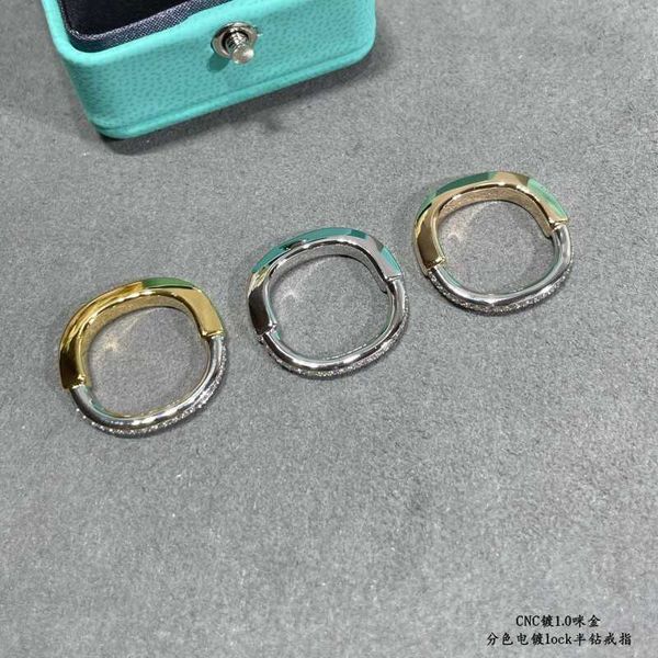 

high-end tiffay lock buckle dual color ring rose gold half diamond overlap v-gold personalized versatile ornament women's with advanced, Silver