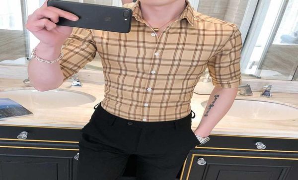 

british style summer plaid shirt men fashion 2020 half sleeve men office shirts slim fit casual blouse clothing all match2256770, White;black