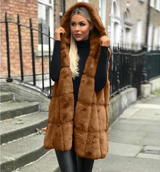 

women fluffy loose waistcoat sleeveless coats outwear faux fur coat vest winter autumn warm hooded vest jackets female fur gilet1722599, Black