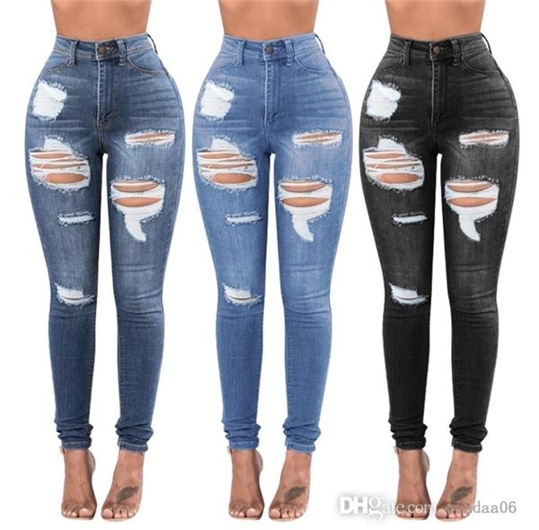 

2022 designer womens jeans high waist hip lift high elastic denim pants tight small foot perforated trousers2536213, Blue
