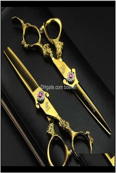 

6dot0 2pcs sharp dragon handle gold barber hair scissors set salon cutting thinning shears hairdressing flat teeth blade sq6216p281876880