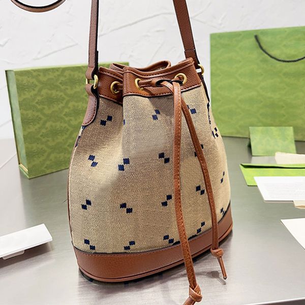 

vintage bucket bag crossbody bags classic letter shoulder handbags canvas cowhide leather tote purse drawstring binding adjustable strap cel