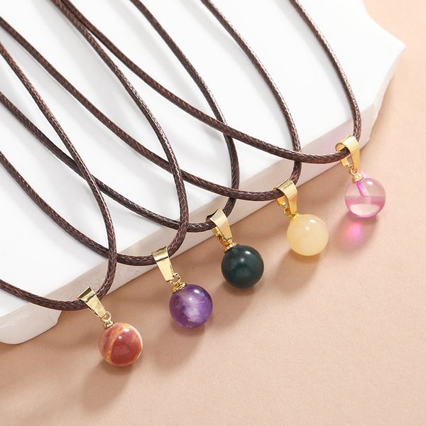 

simple 10mm round ball geometry crystal rose quartz necklace for women men opal natural stone pendant rown leather rope chain jewelry, Silver